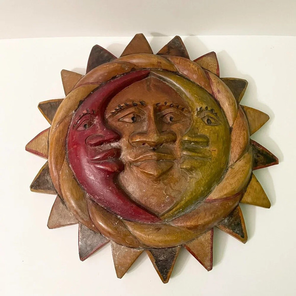 Vintage Wooden Carved Sun Moon Unity Wall Plaque 16 Inch Art - Picture 1 of 12